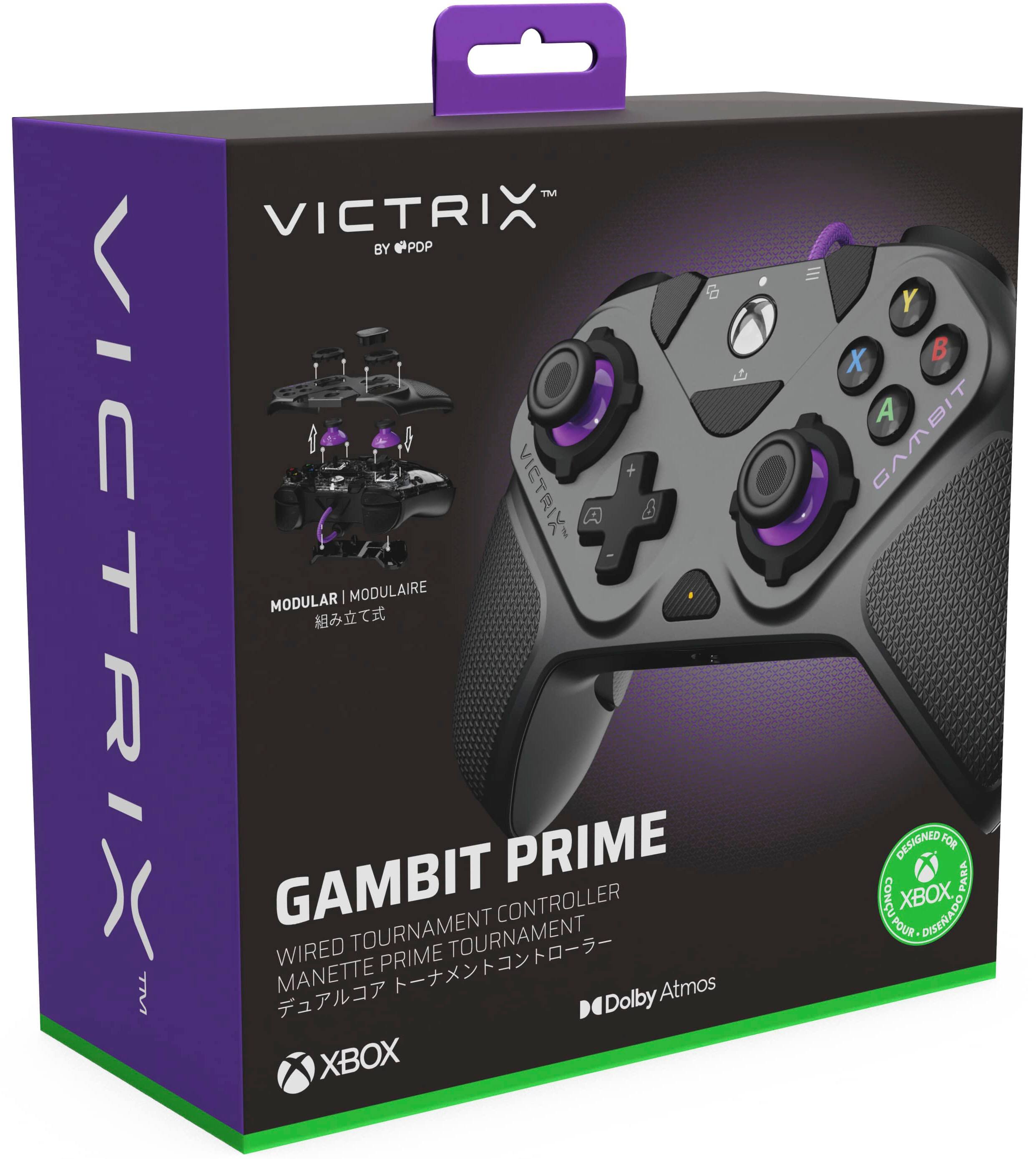 The text on the image reads "VICTRIX TM TM VICTRI BY @POP 6 + VICTRIX B MODULAR | MODULAIRE GAMBIT PRIME CONTROLLER WIRED TOURNAMENT TOURNAMENT PRIME MANETTE Atmos Dolby XBOX E Y X B A AMBIT DESIGNED 1OR PARA S Con XBOX POUR DISERADO."