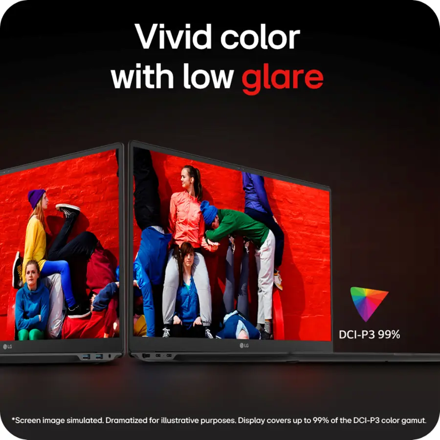 Vivid Color with Low Glare: LS LG DCI-P3 99% - Screen image simulated. Dramatized for illustrative purposes. Display covers up to 99% of the DCI-P3 color gamut.