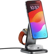 The image features a smartphone placed on a stand, which is connected to a charger. The phone's screen displays the time as 10:53. The stand is designed to hold the phone in an upright position, making it easy for the user to view the screen. The phone is also equipped with a watch face, which is visible on the screen.