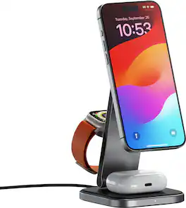 Satechi - 3-in-1 Foldable Qi2 Wireless Charging Stand for iPhone, Apple Watch, and AirPods - Space Gray