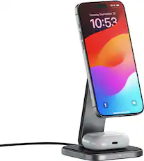 The image features a smartphone on a stand, displaying the time of 10:53. The phone is placed on a docking station, which is connected to a charger. The phone is positioned at an angle, making it easy to view the time and other notifications.