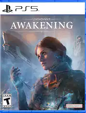 The image features a woman on the cover of a PlayStation 5 game, titled "Unknown 9: Awakening." The game is rated Teen by the ESRB, and it is published by Bandai Namco.