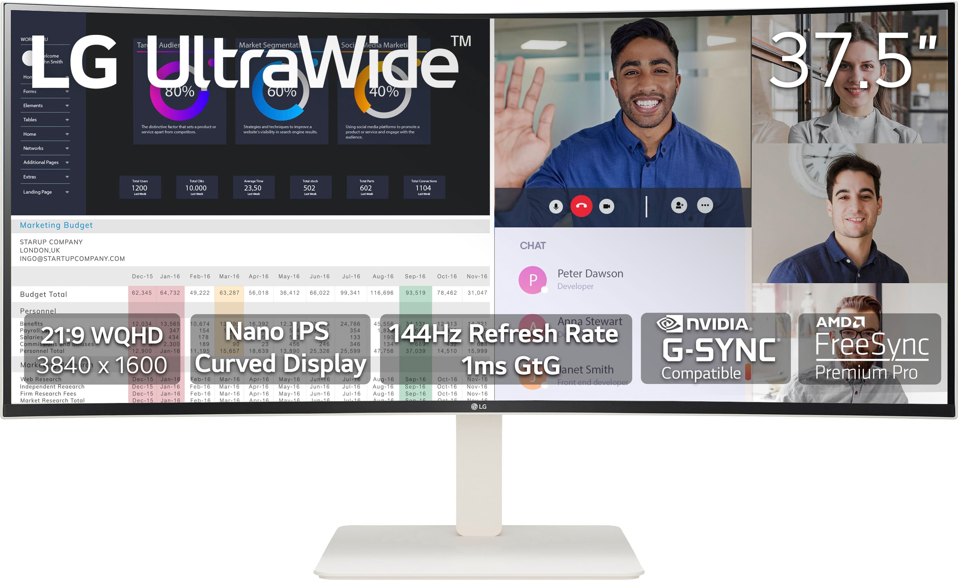 Front. LG - UltraWide 38" LED 144Hz 1-ms Curved Monitor NVIDIA G-SYNC Compatible and AMD Freesync Premium Pro with HDR - White.