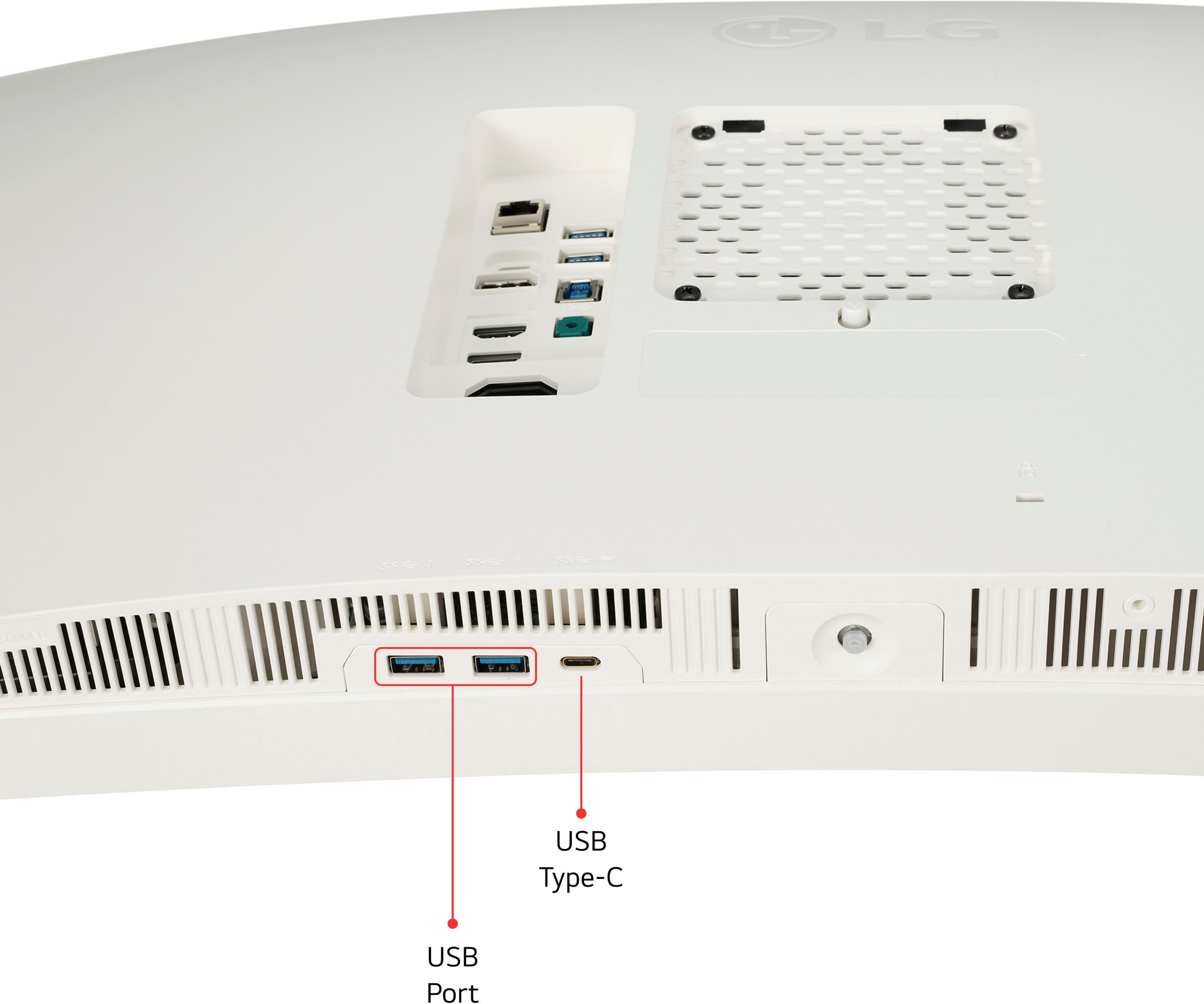 The image features a white computer with a USB Type-C port. The port is labeled "USB" and "Type-C" to indicate its functionality. The computer is designed by LG, and it is a portable device with a built-in USB port.