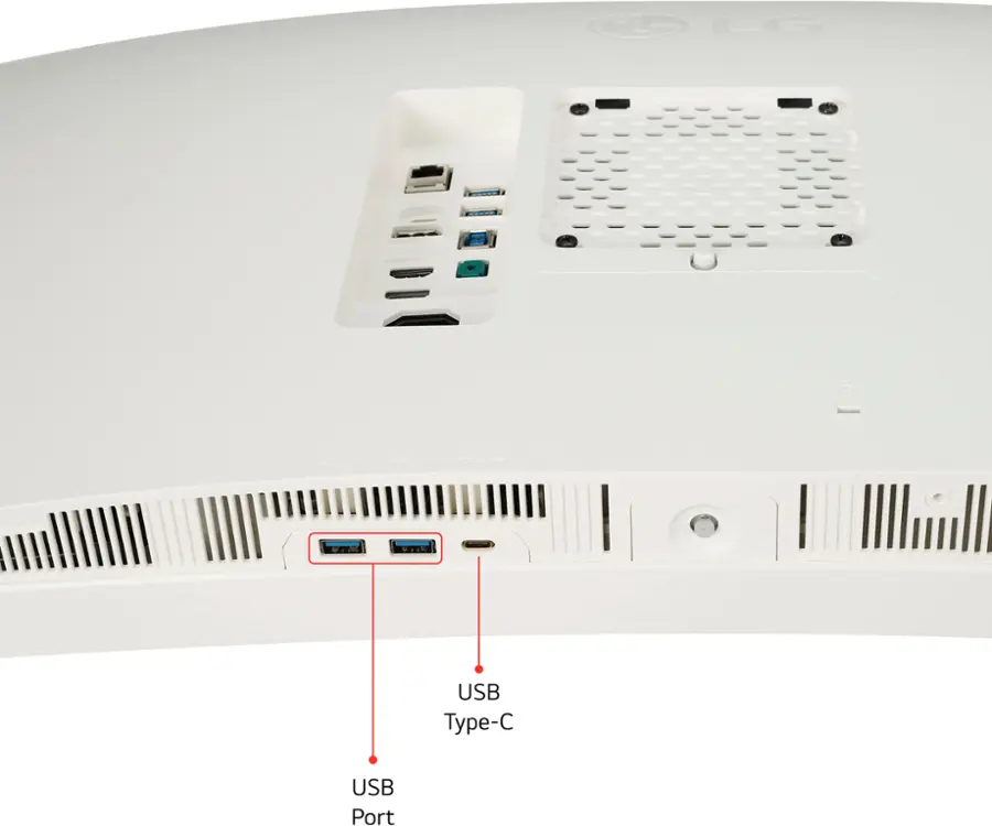The image features a white computer with a USB Type-C port. The port is labeled "USB" and "Type-C" to indicate its functionality. The computer is designed by LG, and it is a portable device with a built-in USB port.