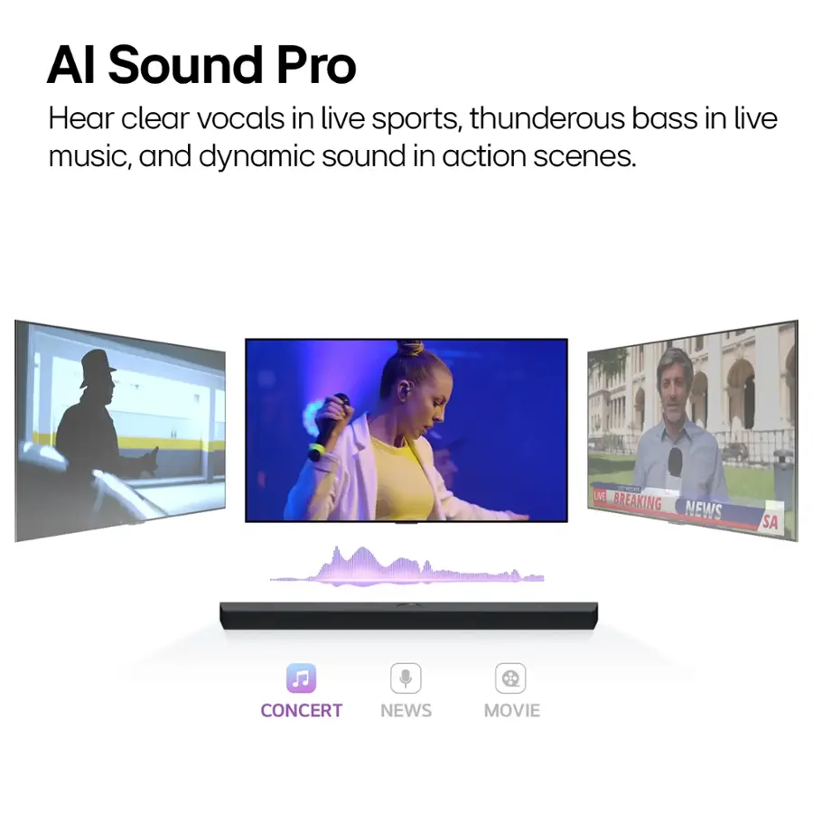 AI Sound Pro: Hear clear vocals in live sports, thunderous bass in live music, and dynamic sound in action scenes.