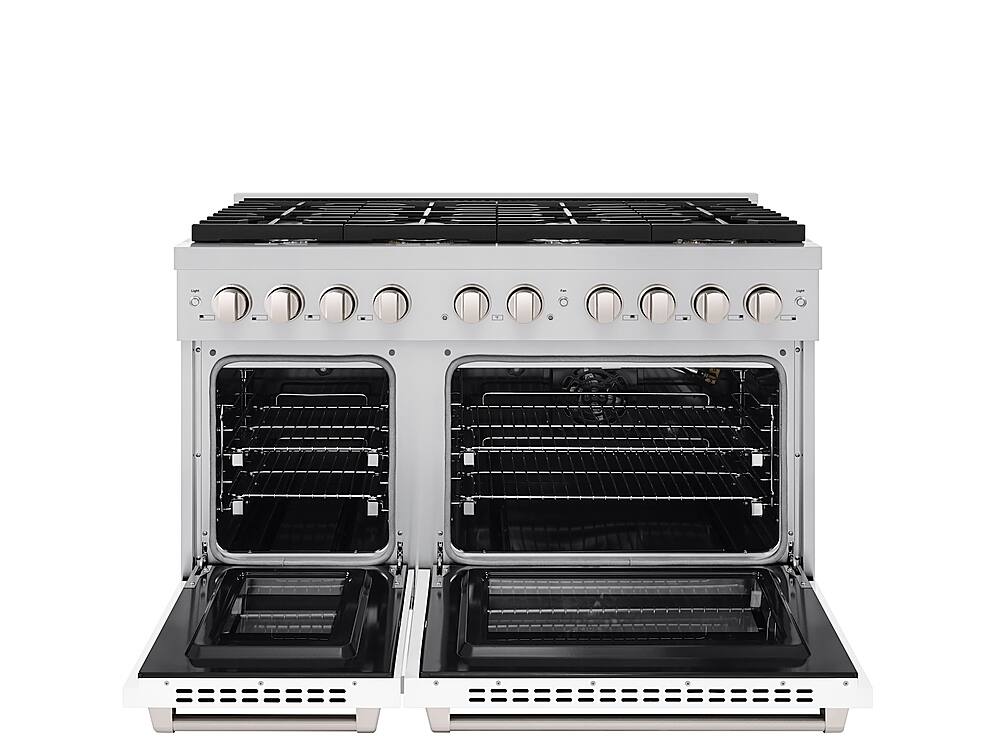 Angle. ZLINE - 48" Paramount Double Oven Gas Range with 8 Burner Cooktop (SGR-WM-48) - Satin Steel/White Matte.