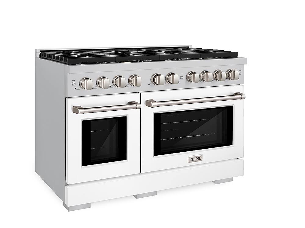 Left. ZLINE - 48" Paramount Double Oven Gas Range with 8 Burner Cooktop (SGR-WM-48) - Satin Steel/White Matte.