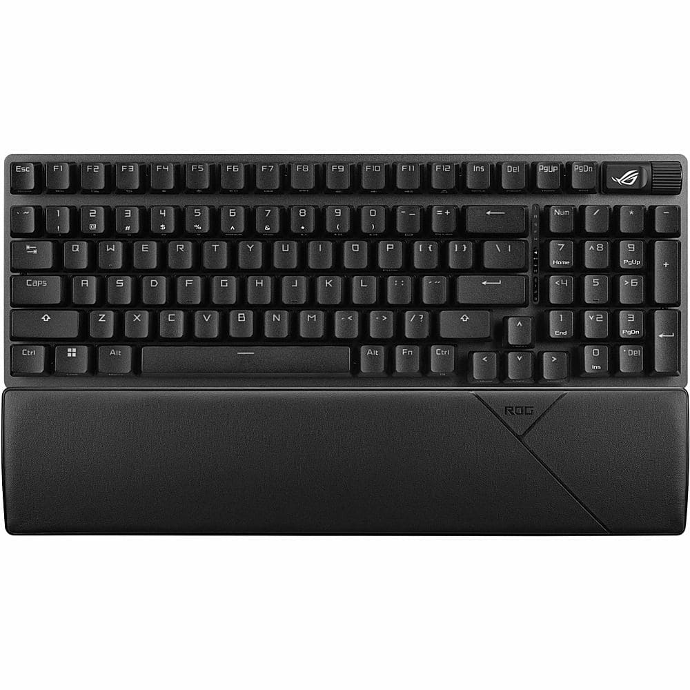 The text on the image is:
Esc F1 F2 F3 F4 F5 F6 F7 F8 F9 F10 F11 F12 Ins Del PgUP PgDn - I - 2 1OR E E 4 & 5 % a 7 E 8 1 0 1 I Num . - W E R T Y U I D I { I 1 I I 7 A B 9 Home Polip + Caps A 5 D G H K L < 5 > 5 Z x V N M~ < V / 1 A I Ere 2 E PgDn Ctrl Alt En Etri < > is De ROG.
The corrected text is:
Esc F1 F2 F3 F4 F5 F6 F7 F8 F9 F10 F11 F12 Ins Del PgUP PgDn - I - 2 1OR E E 4 & 5 % a 7 E 8 1 0 1 I Num . - W E R T Y U I O P { I 1 I I 7 A B 9 Home Polip + Caps A 5 D G H K L 5 Z x V N M~ < V / 1 A I Ere 2 E PgDn Ctrl Alt En Etri < > is De ROG.