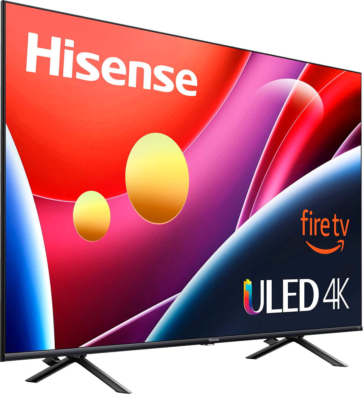 The image features a large Hisense television screen with a purple background. The screen is promoting the Hisense firetv ULED 4K, which is a high-quality display with advanced features. The television is designed to provide an immersive viewing experience, making it an attractive choice for entertainment enthusiasts.