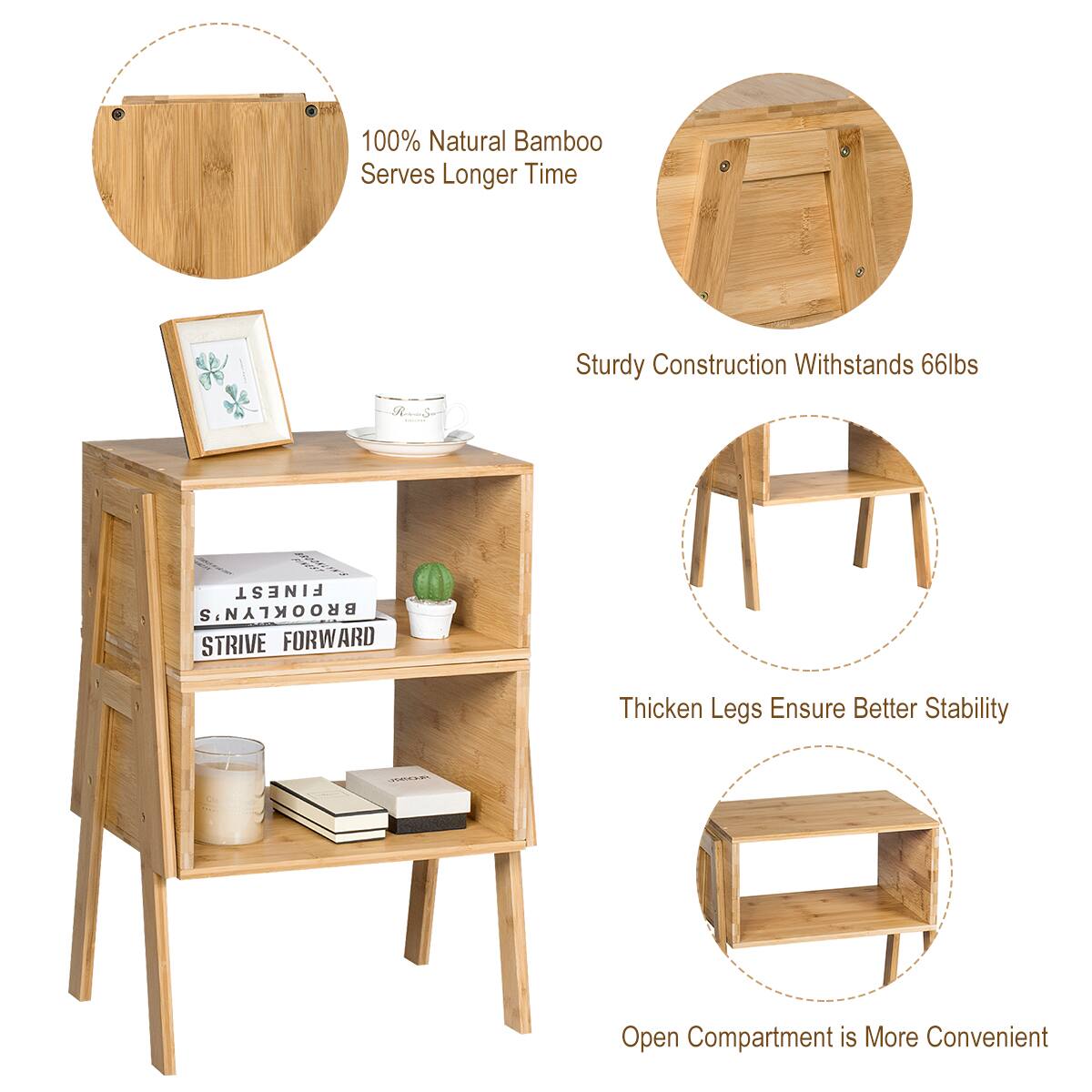 The text on the image can be grouped and corrected as follows:

100% Natural Bamboo Serves Longer Time: This statement is about the durability and longevity of the bamboo used in the furniture.

Sturdy Construction Withstands 66lbs: This statement highlights the strength and stability of the furniture, as it can withstand a weight of 66 pounds.

FINEST S BROOKLYN' STRIVE FORWARD: This statement is a description of the brand or company that makes the furniture.

Thicken Legs Ensure Better Stability: This statement is about the design of the furniture, which features thicker legs to provide better stability.

Open Compartment is More Convenient: This statement is about the functionality of the furniture, as it features an open compartment that offers more convenience for the user.