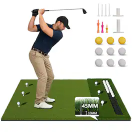 KERDOM - Dual Layer Golf Hitting Mat with Ball Tray, Portable Golf Artificial Turf Matt with Tees for Simulators Backyard Garage - 5x4 ft