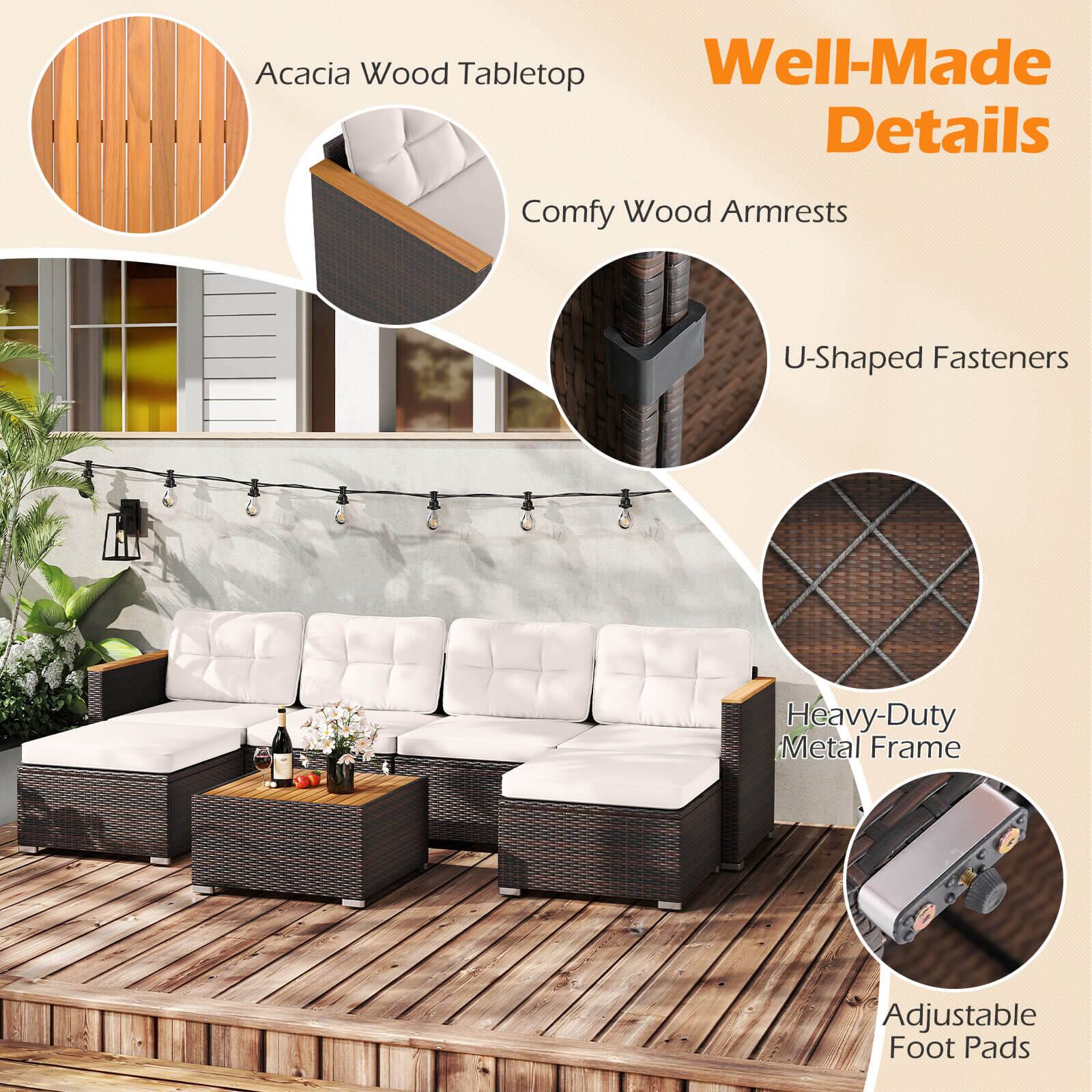 - Acacia Wood Tabletop
- Comfy Wood Armrests
- U-Shaped Fasteners
- Heavy-Duty Metal Frame
- Adjustable Foot Pads

Well-Made Details