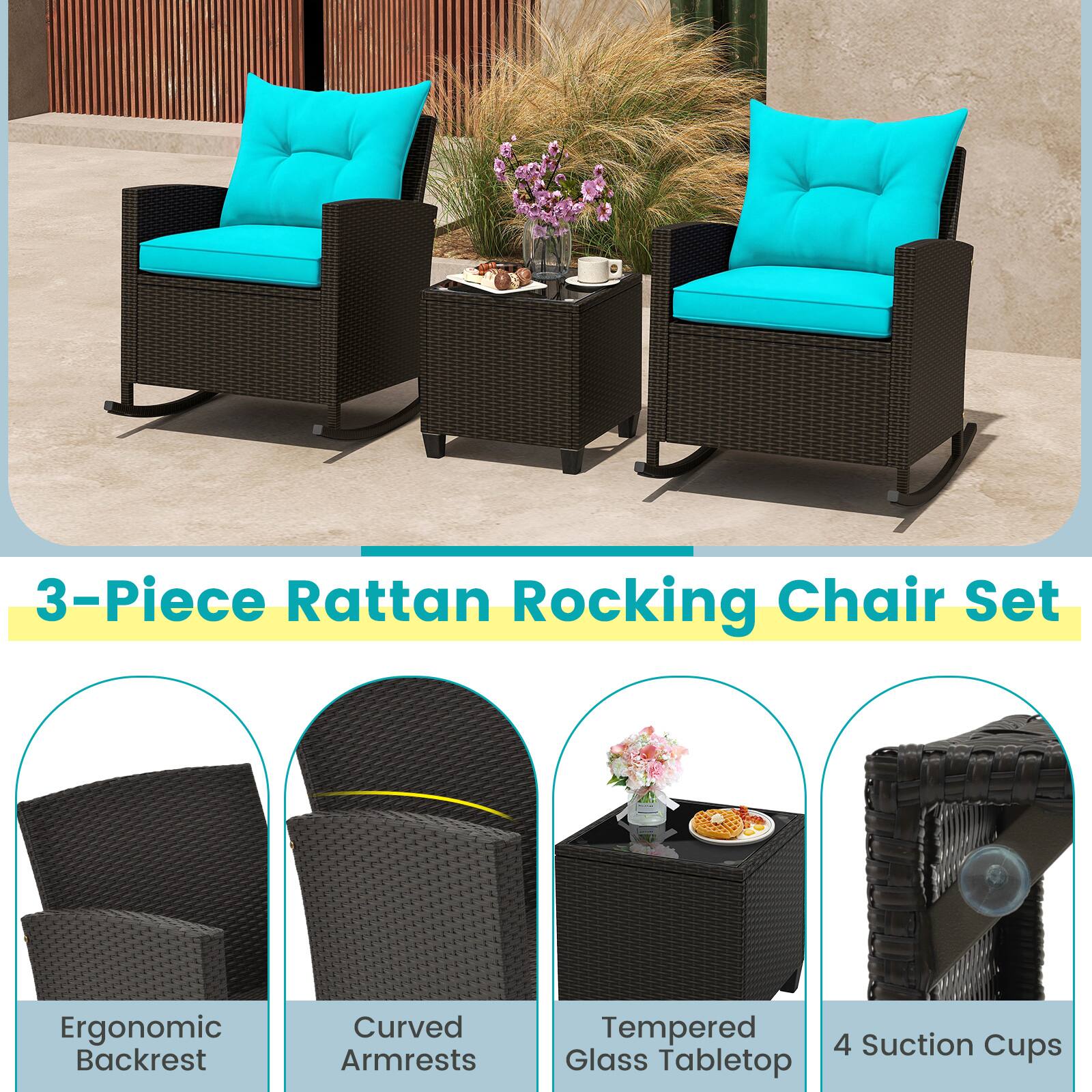3-Piece Rattan Rocking Chair Set

- Ergonomic Backrest
- Curved Armrests
- Tempered Glass Tabletop
- 4 Suction Cups