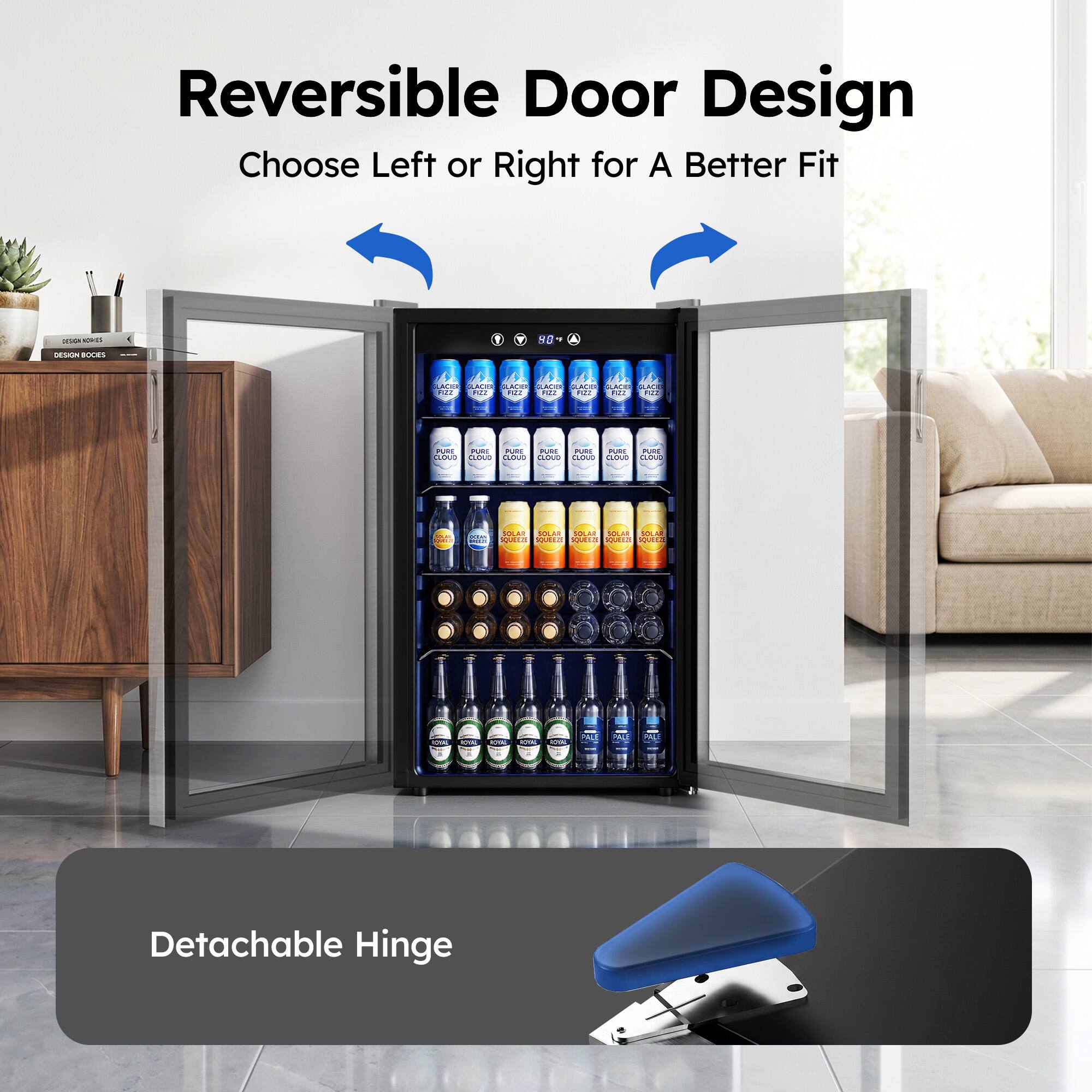 Reversible Door Design  
Choose Left or Right for A Better Fit  

1. NO - adis ACH : AAE E PEO .AE SAE - .. ! .... .. P CI . Pae FU i I SLOUS SLBC CLO OUS PARE pda Ppic CDe CLOUE de  
2. PA. . PULR POLAR .. 1LAR -. -O A CAda VARIA SAdE CLLS MACE A AL F  

Detachable Hinge