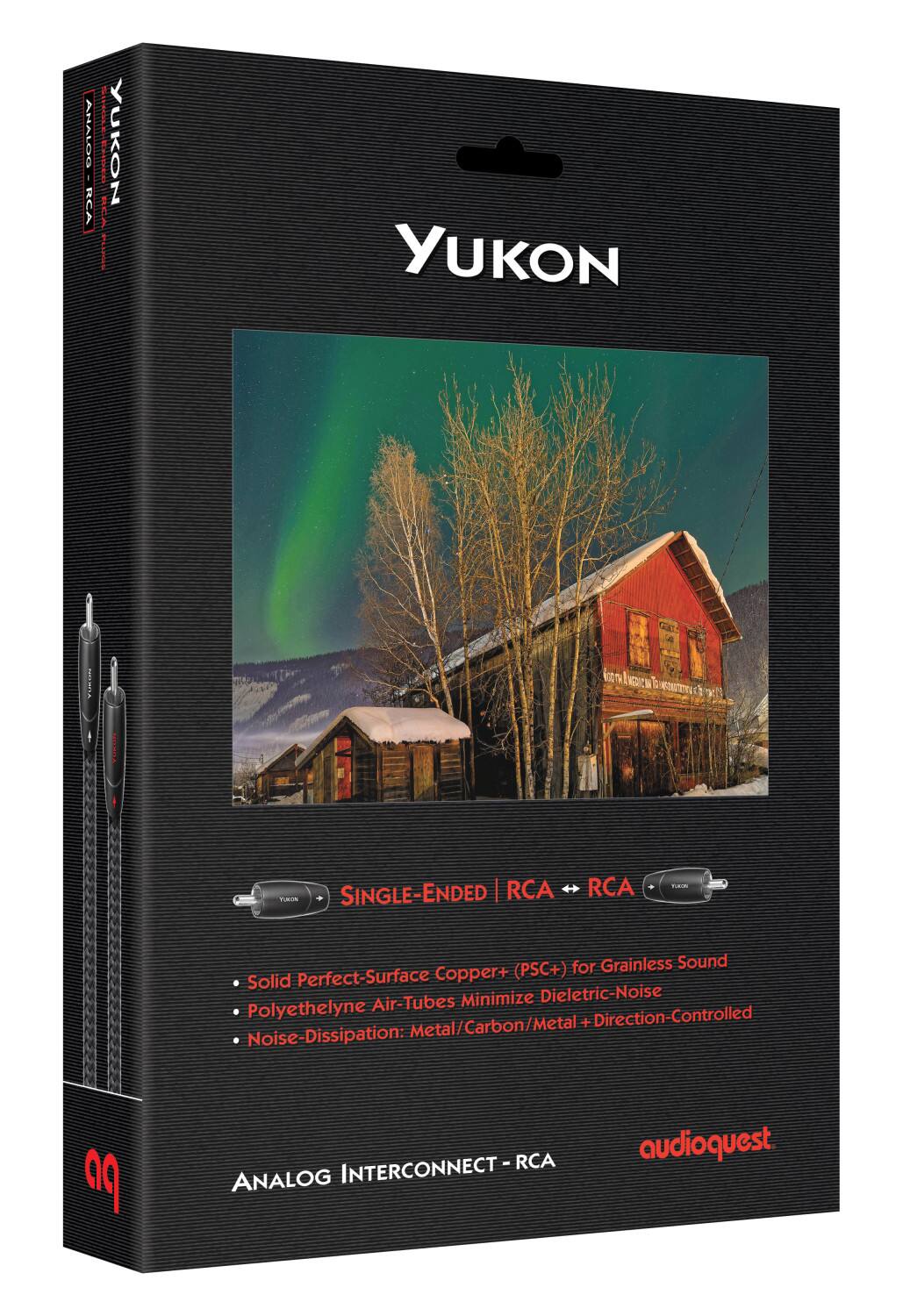 YUKON - RCA | SINGLE-ENDED RCA - RCA  
- Solid Perfect-Surface Copper+ (PSC+) for Grainless Sound  
- Polyethylene Air-Tubes Minimize Dielectric-Noise  
- Noise-Dissipation: Metal/Carbon/Metal + Direction-Controlled  
- ANALOG INTERCONNECT - RCA  
- audioquest
