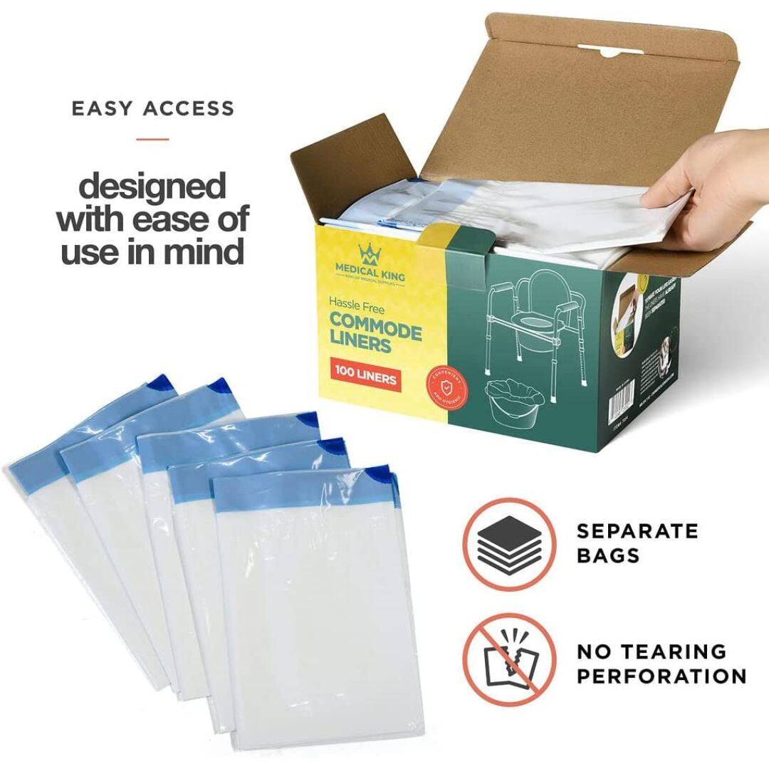EASY ACCESS  
designed with ease of use in mind  

MEDICAL KING  
Hassle Free COMMODE LINERS  
100 LINERS  

SEPARATE BAGS  
NO TEARING PERFORATION
