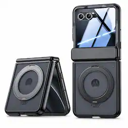 Dteck - Rugged Ring Stand Hinge Protection Frosted Magnetic Case Built-in Screen Protector For Motorola Razr Ultra 2026/2025 - Black(HD Clear Film)