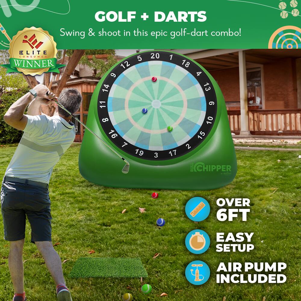 GOLF + DARTS  
Swing & shoot in this epic golf-dart combo!  

ELITE CONSUMER WINNER  

BULD CHIPPER  

OVER 6FT  
EASY SETUP  
AIR PUMP INCLUDED