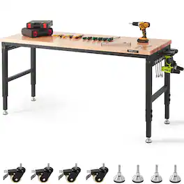 VEVOR - Adjustable Workbench, 72" L X 25" W Garage Worktable with Universal Wheels, 28-39.5" Heights & 3000 LBS Load Capacity - Wood
