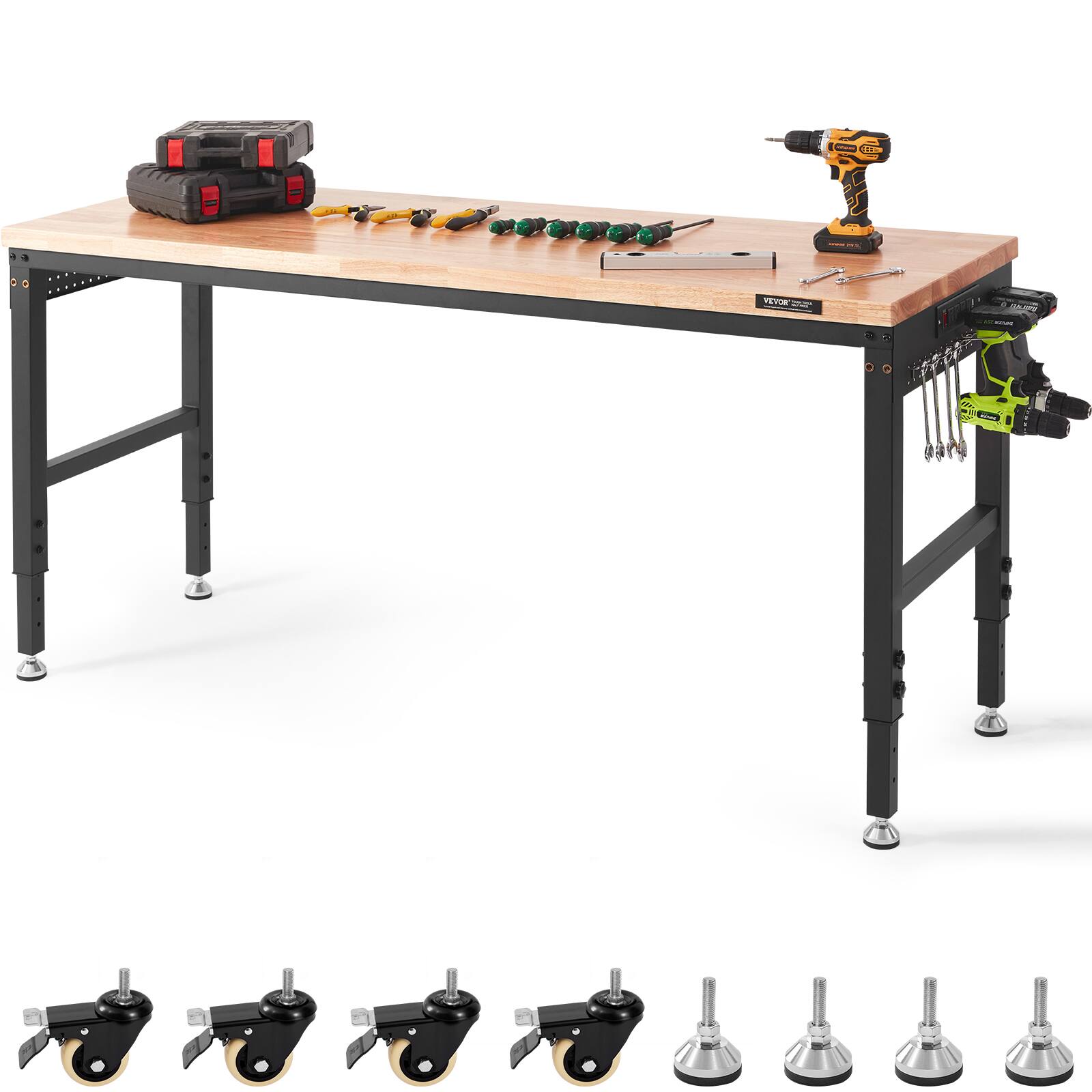 VEVOR - Adjustable Workbench, 72" L X 25" W Garage Worktable with Universal Wheels, 28-39.5" Heights & 3000 LBS Load Capacity - Wood