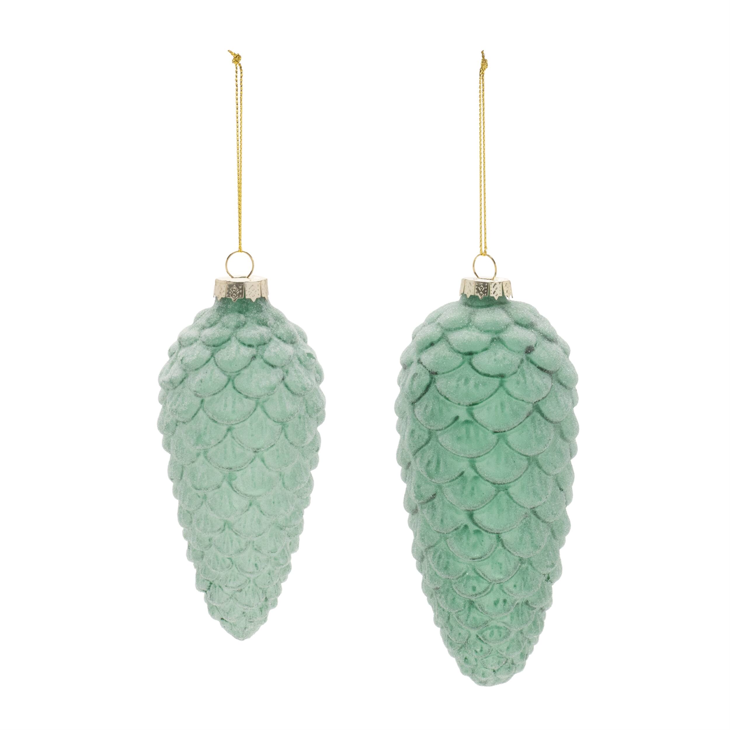 Angle. BreeBe - Frosted Glass Pinecone Ornament (Set of 6) - Green.