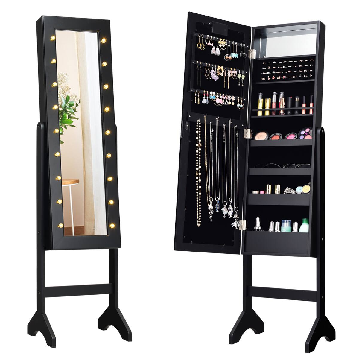 Alt View 1. Gymax - Gymax Full Length Mirror Jewelry Organizer Vanity Box w/ 18 LED Lights Black - Black.
