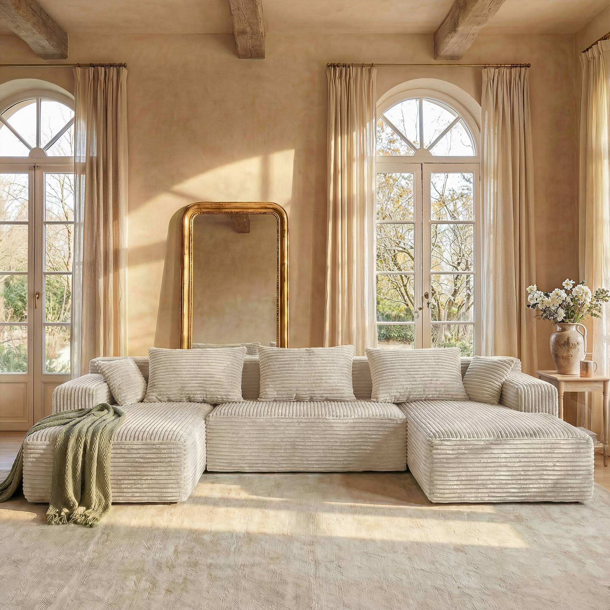 Back. FUFU & GAGA - Beige Modular Plush Velvet Sectional Sofa with Chaise, Soft High-Density Foam, Pet-Friendly Living Room Couch - White.