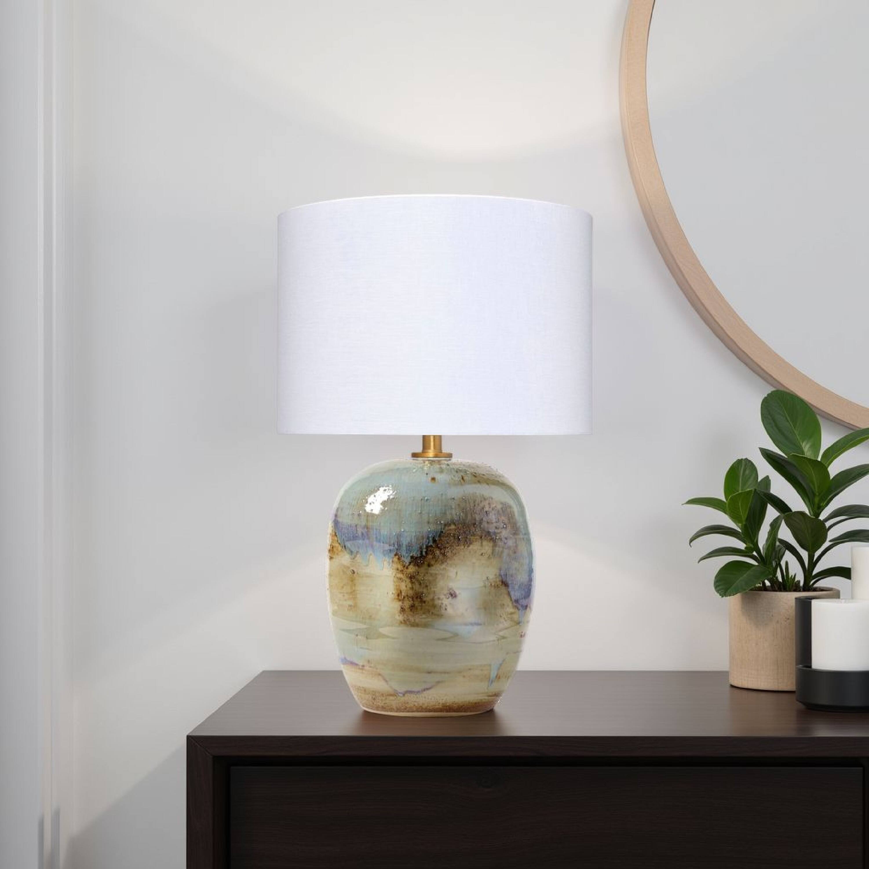 Alt View 2. Manhattan Lane - Sivy Accent Table Lamp, Linen, Round Abstract Ceramic 26 Inch - Blue, Purple, Natural Beige, White, Brass Finish.
