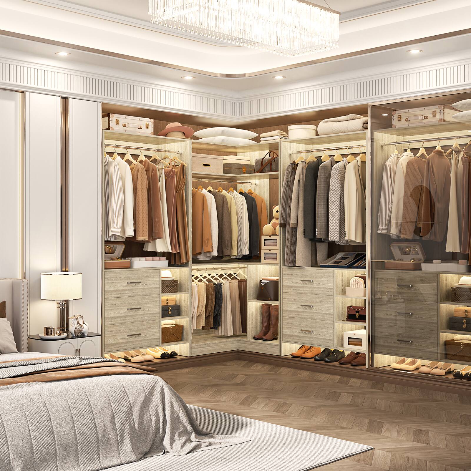 Left. Aheaplus - 61'' - 92.6'' W L-Shaped Closet System - Corner Wardrobe System with 6 Drawers, 4 Hanging Rods, and Shelves - Beige Oak.
