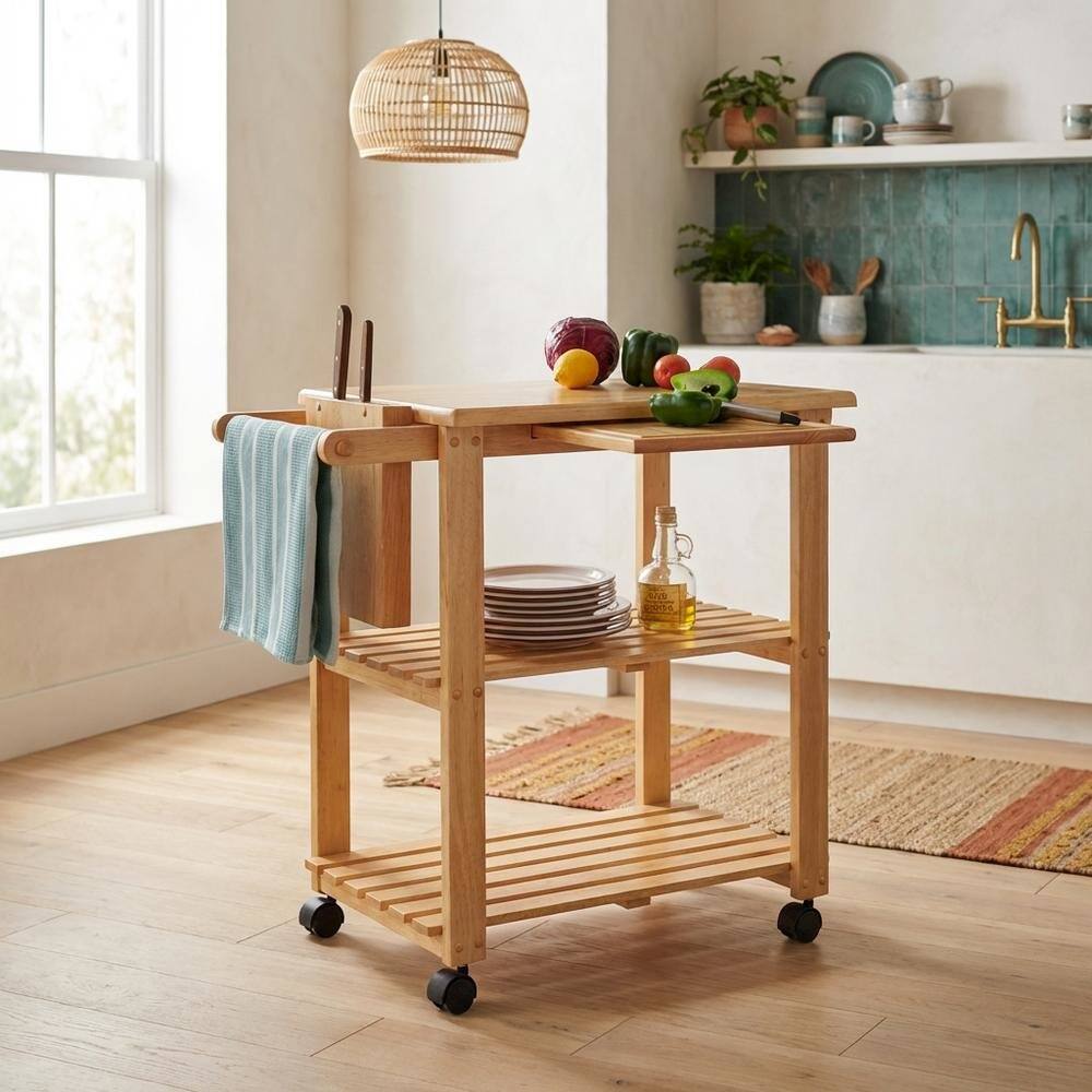 Alt View 3. FurniFact - Solid Wood Kitchen Cart With Storage - Natural.