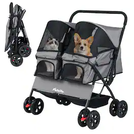 Gymax - Double Pet Stroller w/ 2-seater Carrier Adjustable Sunshade Removable Pad Gray