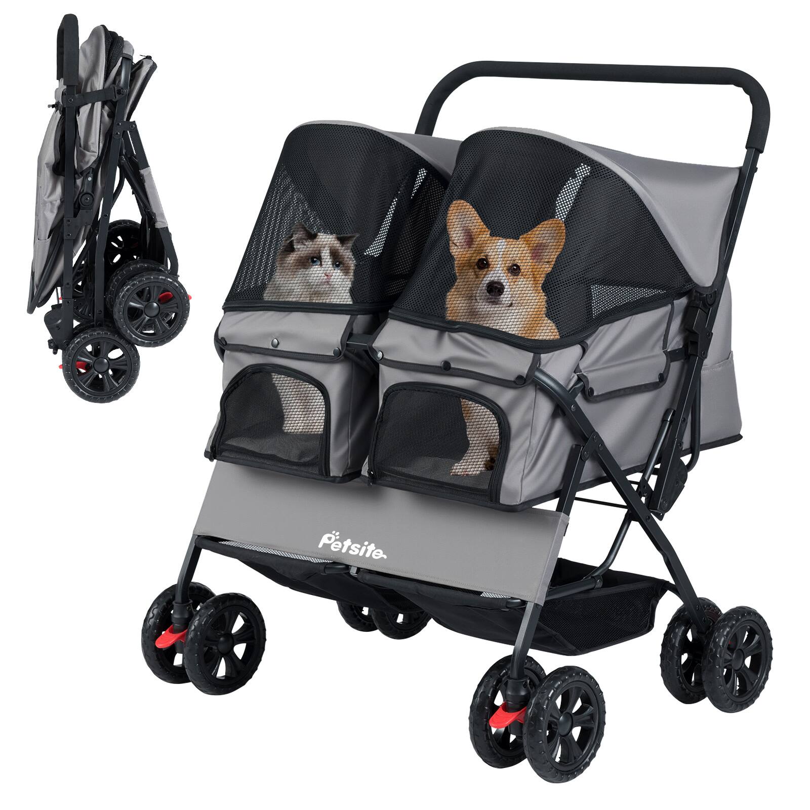 Gymax - Double Pet Stroller w/ 2-seater Carrier Adjustable Sunshade Removable Pad Gray