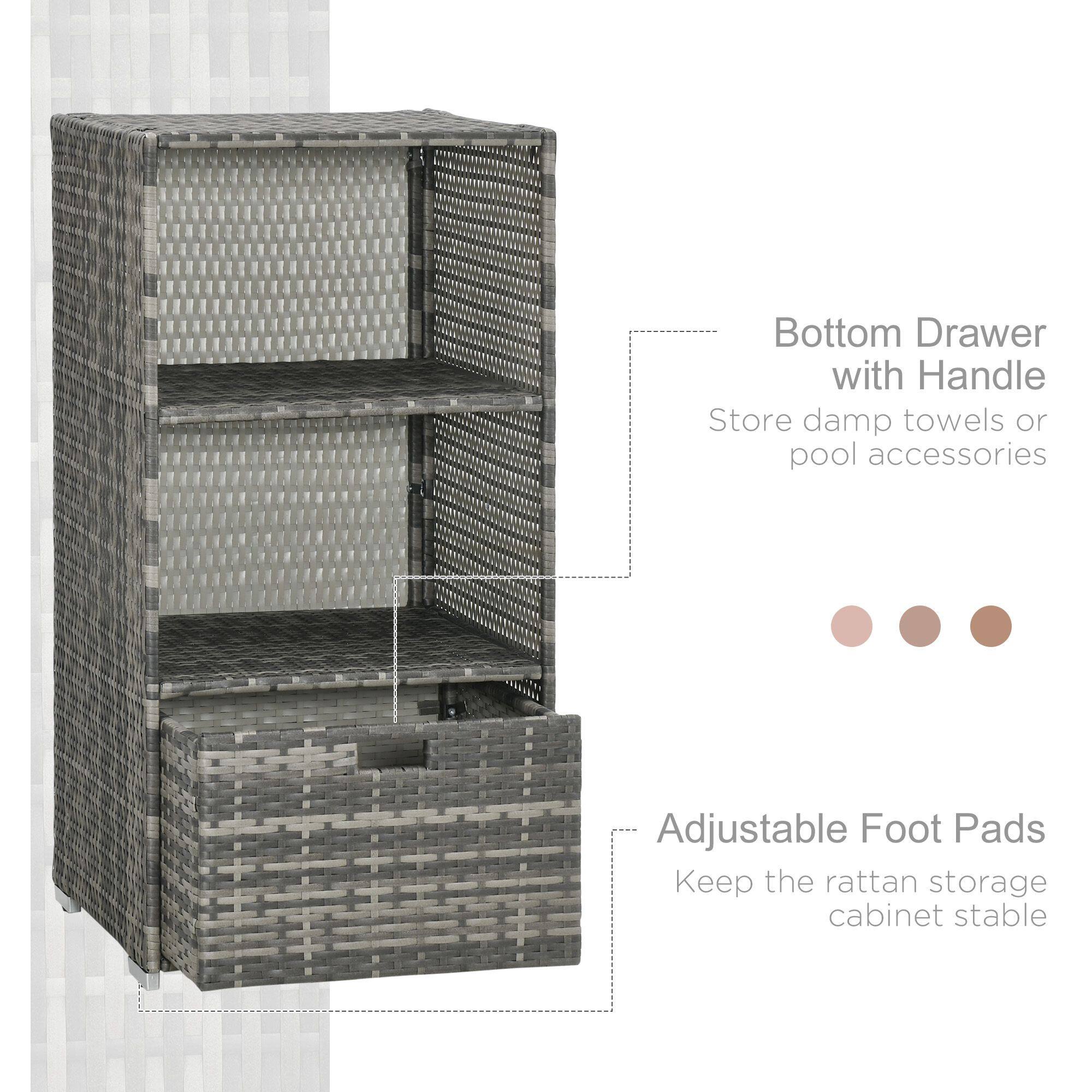 Bottom Drawer with Handle: Store damp towels or pool accessories. Adjustable Foot Pads: Keep the rattan storage cabinet stable.