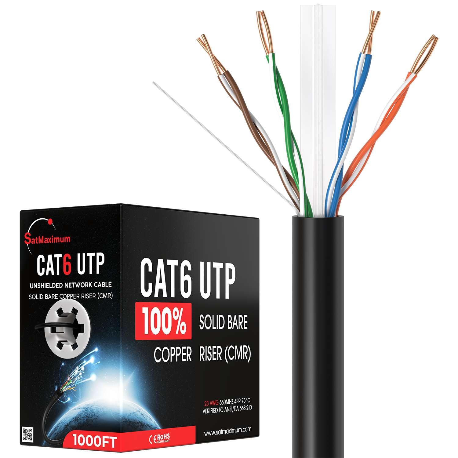 SatMaximum CAT6 UTP UNSHIELDED NETWORK CABLE SOLID BARE COPPER RISER (CMR)  
CAT6 UTP 100% SOLID BARE COPPER RISER (CMR)  
AWG 550MHZ APR 75C 23  
VERIFIED TO ANSI/TIA 568.2-0  
1000FT (ROHS)  
www.satmaximum.com