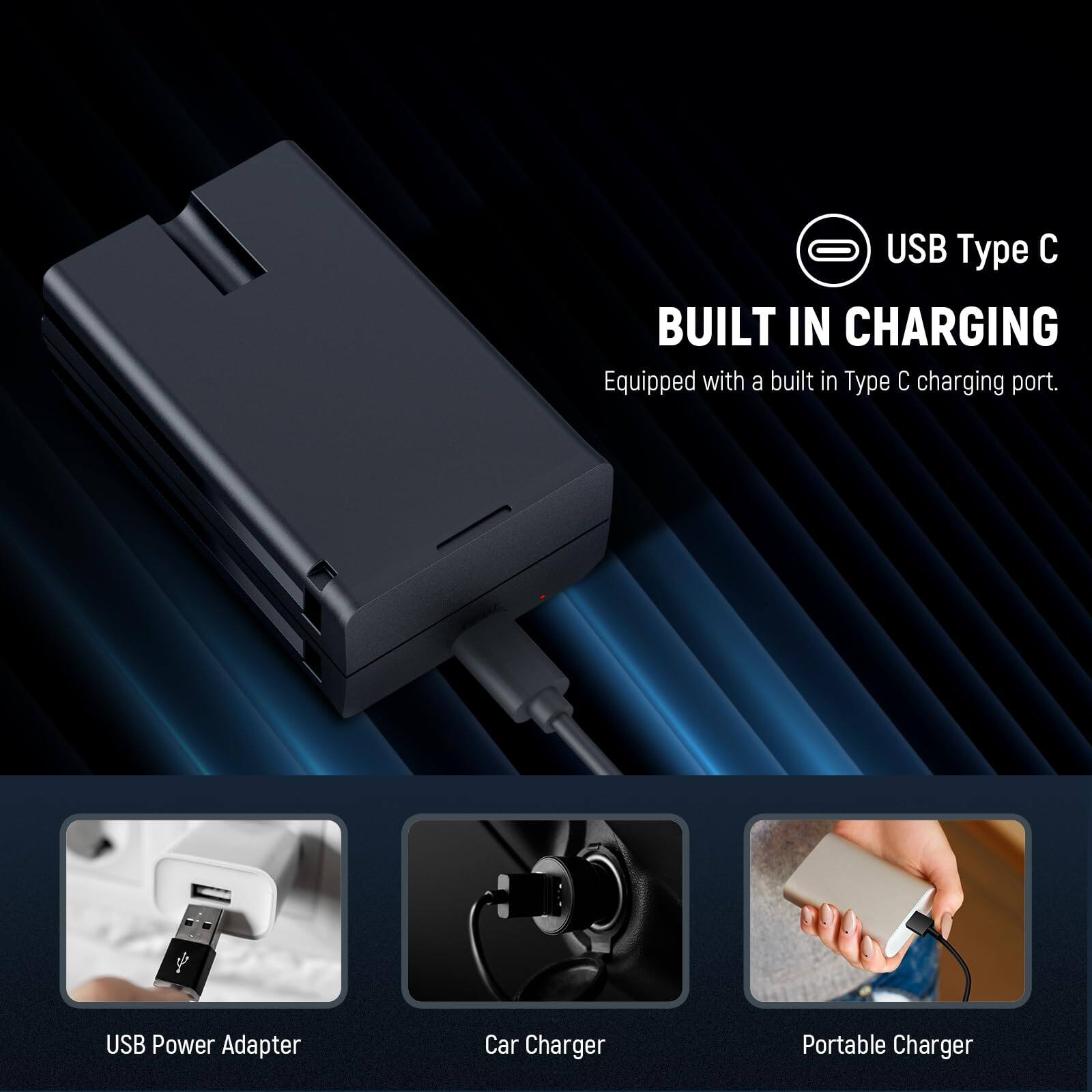 USB Type C  
BUILT IN CHARGING  
Equipped with a built-in Type C charging port.

USB Power Adapter  
Car Charger  
Portable Charger