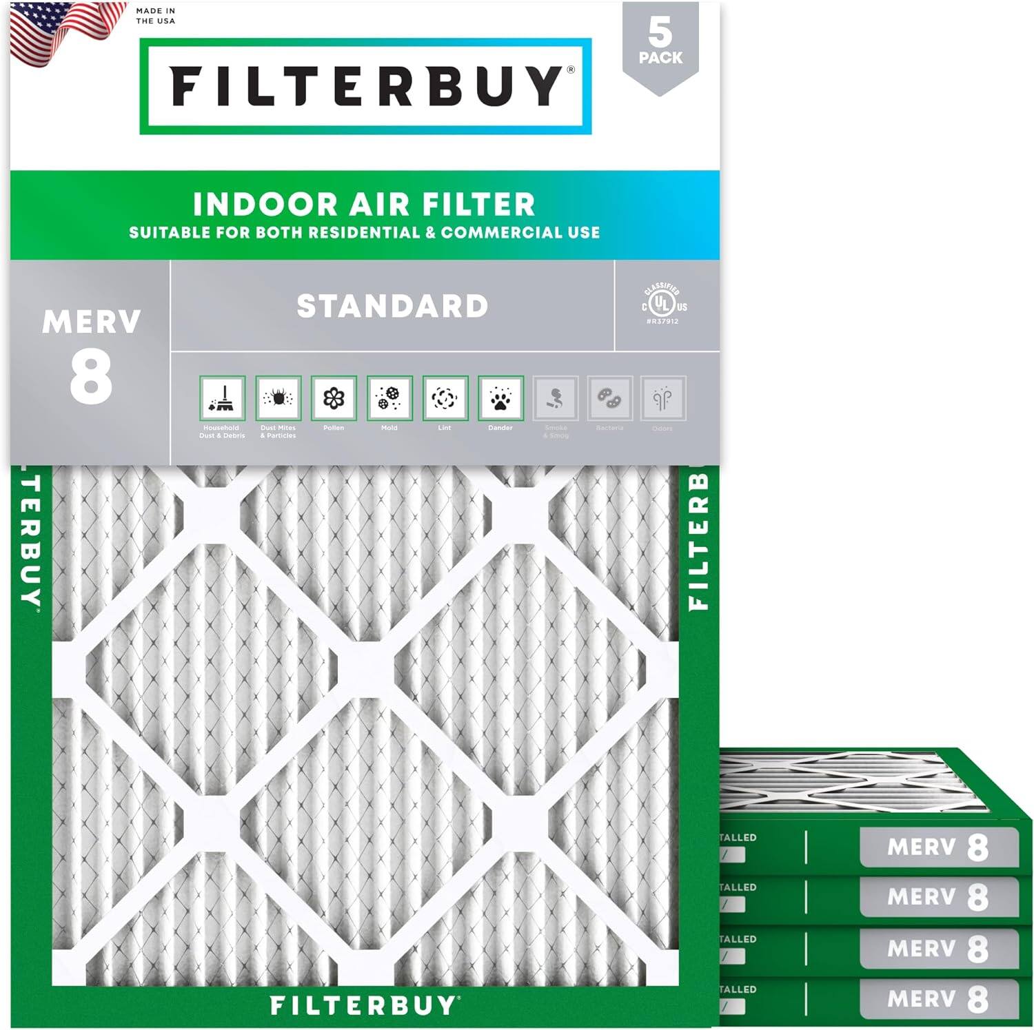Filterbuy - 10x12x1 MERV 8 Dust & Allergy Defense, Electrostatic Pleated HVAC AC Furnace Air Filters Replacement (5-Pack) - Silver