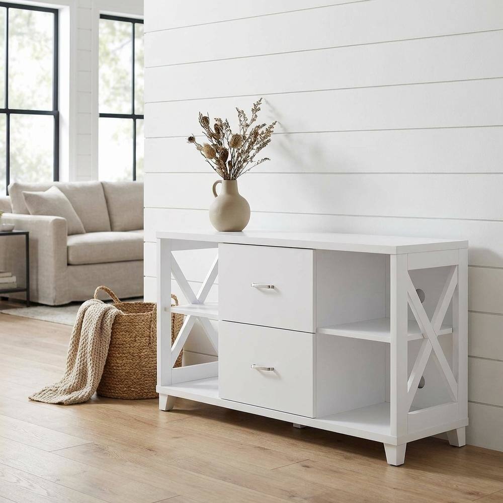 Alt View 1. FurniFact - White Oxford Deluxe TV Stand, 2 Drawers, Shelves, Up to 55-Inch Screens - White.