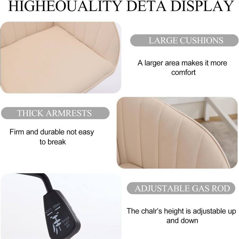 HIGHEOUALITY DETA DISPLAY

LARGE CUSHIONS
A larger area makes it more comfort

THICK ARMRESTS
Firm and durable not easy to break

ADJUSTABLE GAS ROD
The chair's height is adjustable up and down