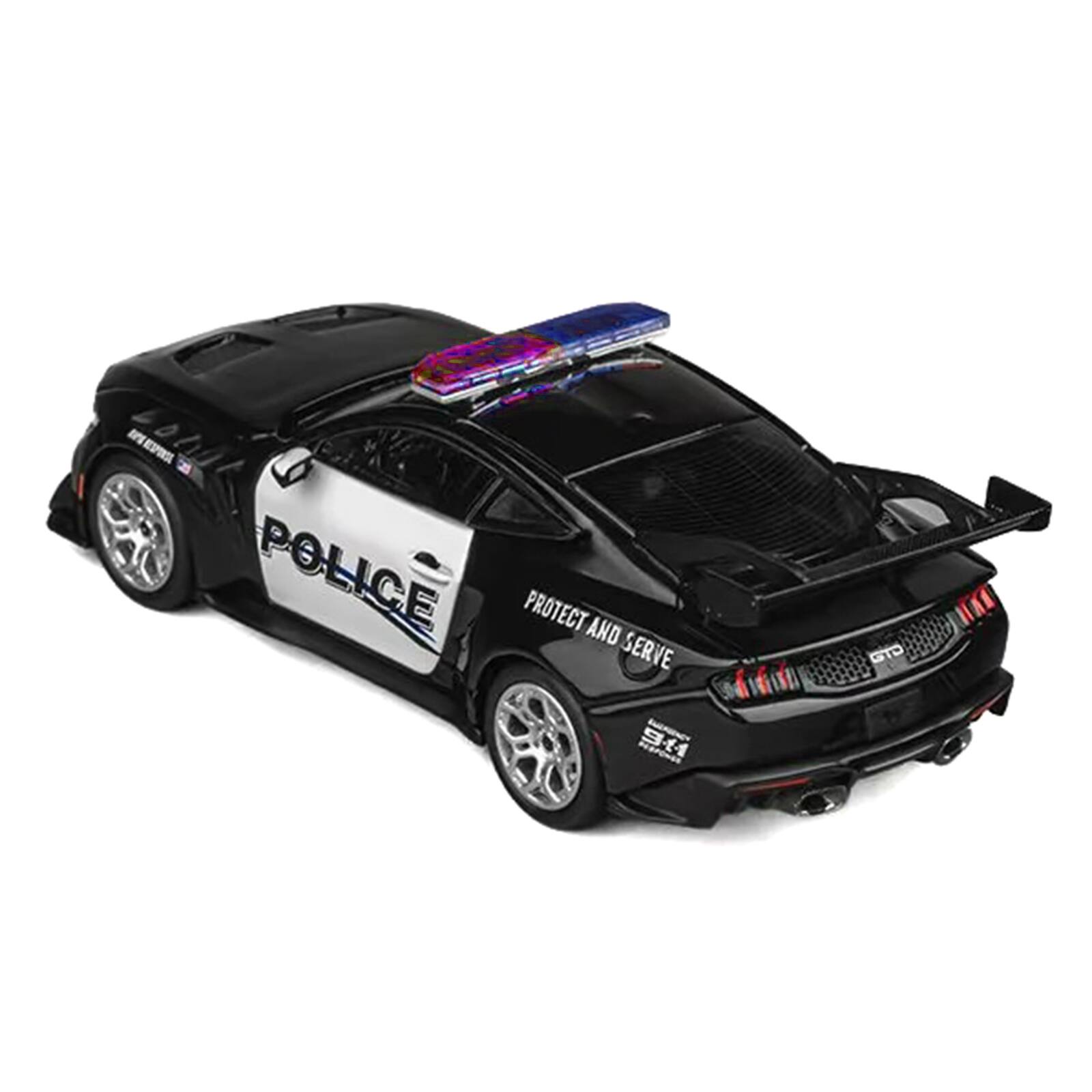 In the image, the text on the car reads: "POLICE PROTECT AND SERVE GTD"
