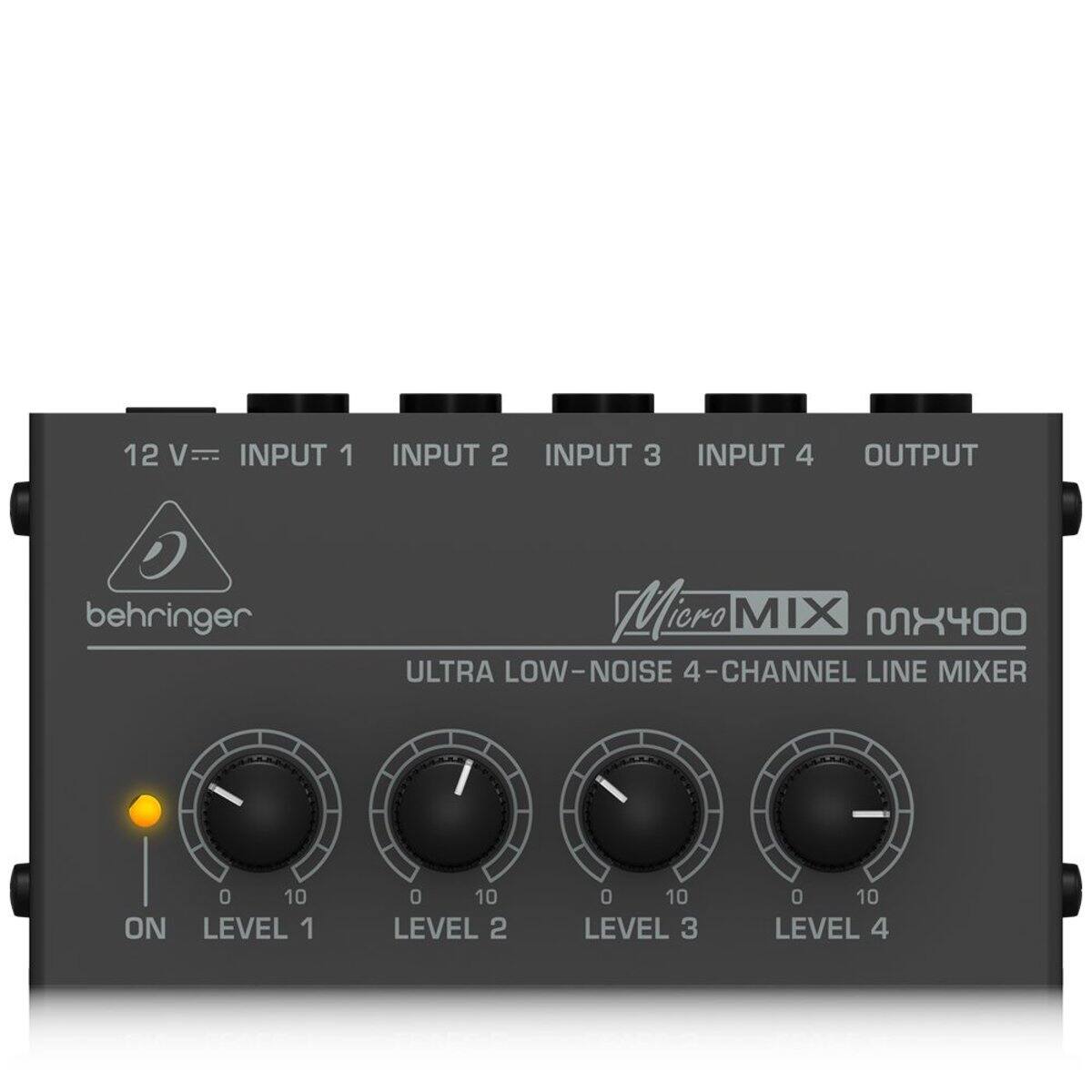 12 V INPUT 1 INPUT 2 INPUT 3 INPUT 4 OUTPUT behringer Micro MIX MX400 ULTRA LOW-NOISE 4 4-CHANNEL LINE MIXER 0 10 ON LEVEL 1 0 10 LEVEL 2 0 10 LEVEL 3 0 10 LEVEL 4