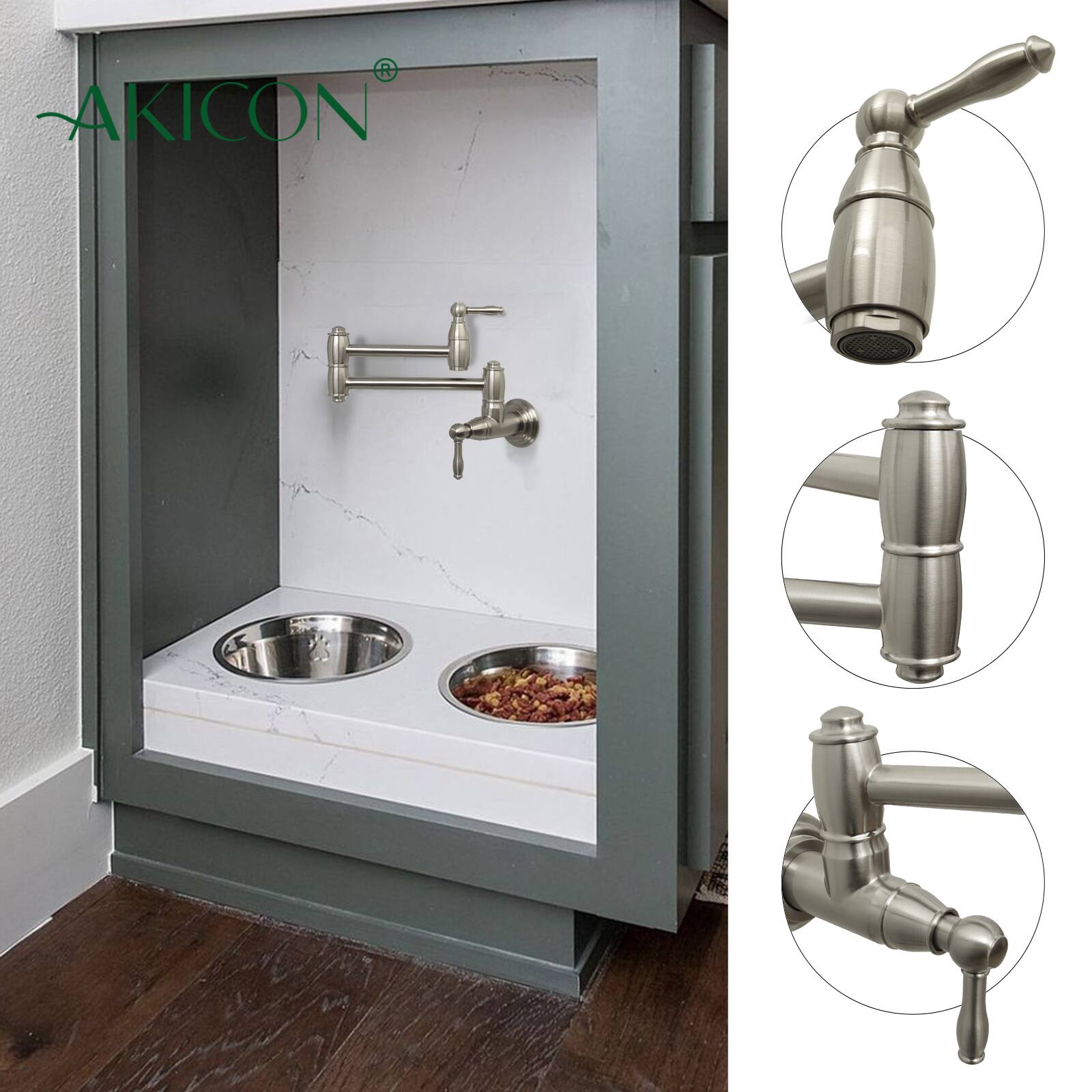 Alt View 3. Akicon - Akicon Solid Brass Wall-Mounted Pot Filler Kitchen Faucet with Dual Joint Swing Arms for Stovetop in Brushed Nickel - Brushed Nickel.