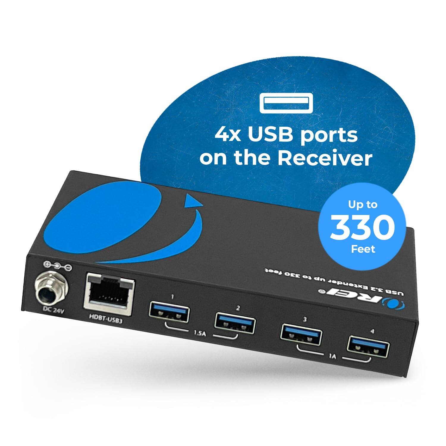 4x USB ports on the Receiver, Up to 330 Feet, DC 24V, HDBT-USB3, 1.5A, 2 foot OFE to dn Extender, RCP USB 3.4 M Ar