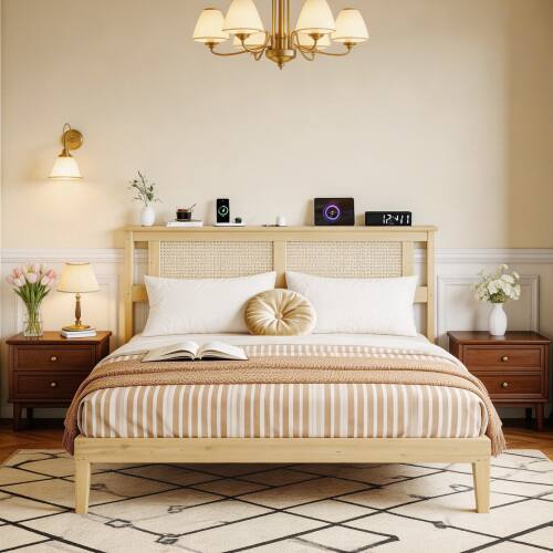 Alt View 8. Winado - Rattan Bed Frame with Rattan Headboard Boho Wooden Platform Bed with Charging Station and Underbed Storage for Bedroom - Natural, Queen Size.