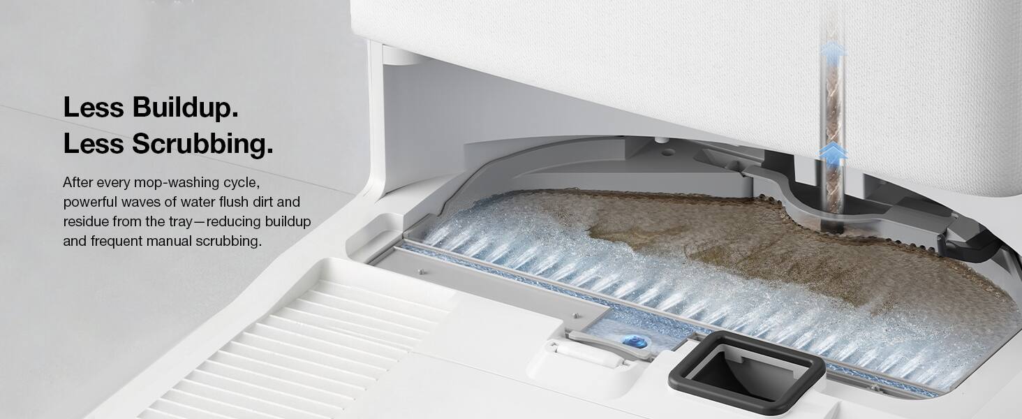 Less Buildup. Less Scrubbing.  
After every mop-washing cycle, powerful waves of water flush dirt and residue from the tray—reducing buildup and frequent manual scrubbing.