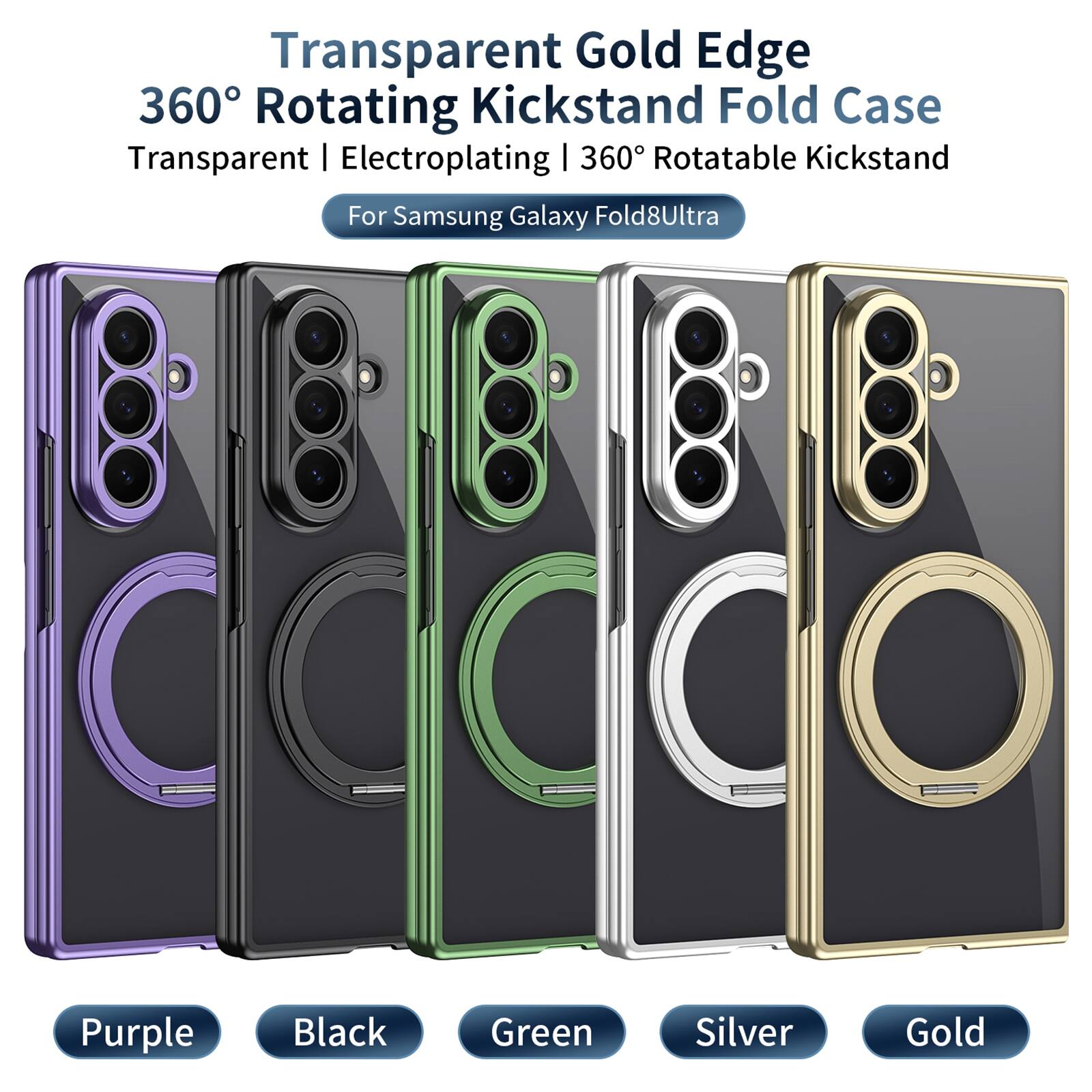 Transparent Gold Edge 360 Rotating Kickstand Fold Case Transparent | Electroplating | 360° Rotatable Kickstand For Samsung Galaxy Fold8Ultra Purple Black Green Silver Gold