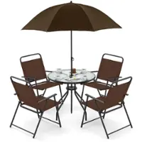 Costway 6 PCS Patio Dining Set Folding Chairs Glass Table Tilt Umbrella Garden - Brown+ Black - Front_Zoom