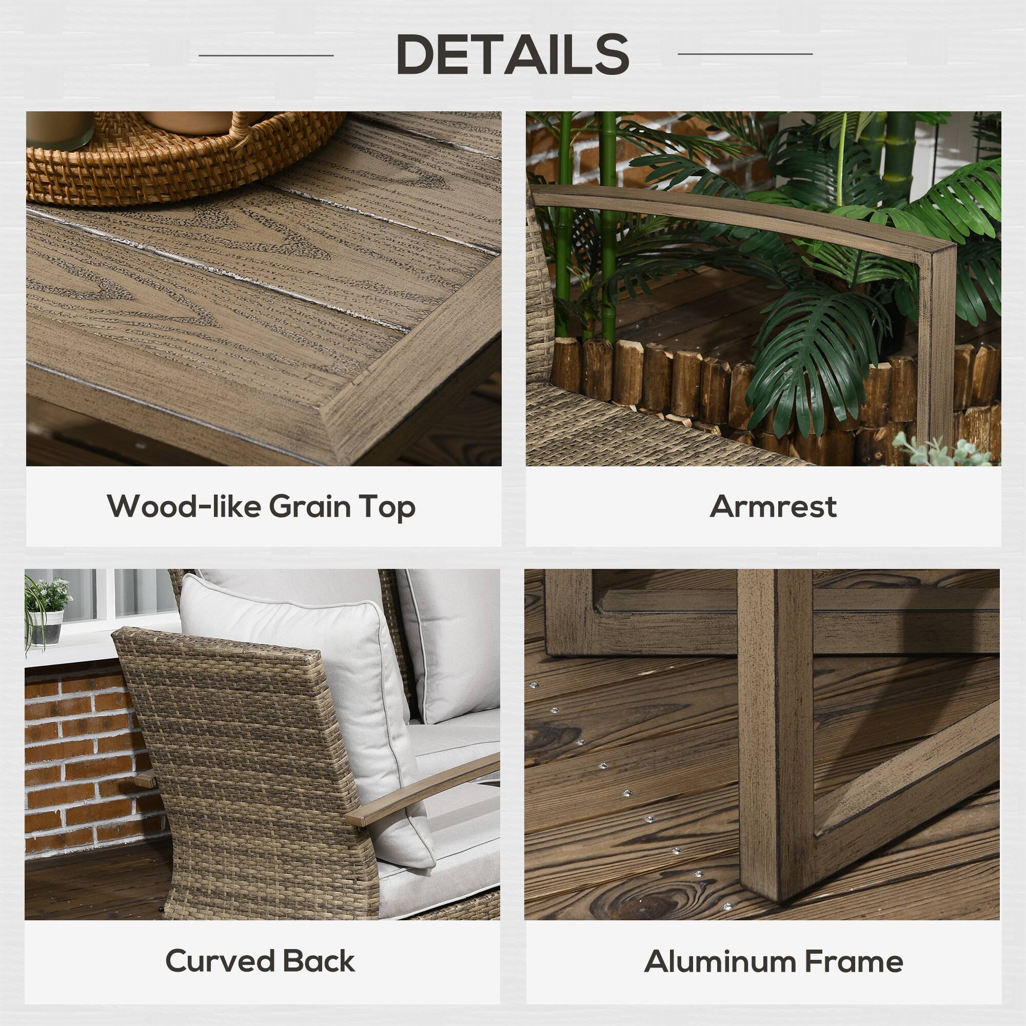 DETAILS

- Wood-like Grain Top
- Armrest
- Curved Back
- Aluminum Frame