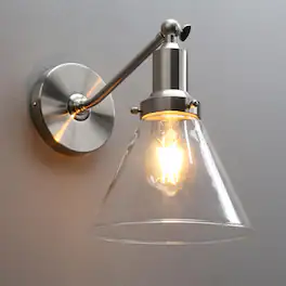 Comfort Essence - Industrial Vintage Slope Pole Wall Mount Single Sconce With Funnel FlaClear Glass Shade Light Lamp Fixture - Brushed Funnel 1-Light Hardwired