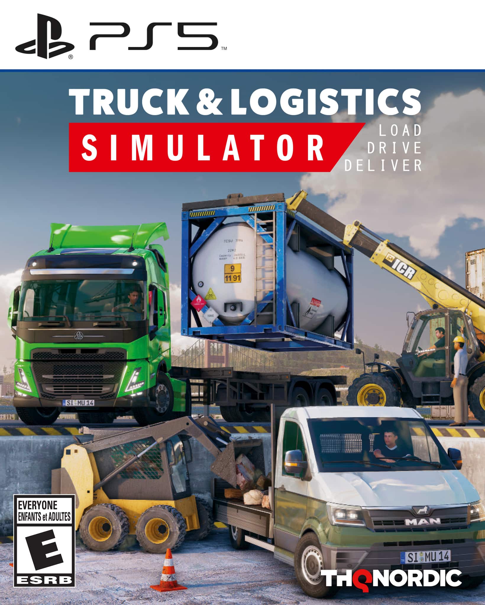PS5 M TRUCK & LOGISTICS LOAD SIMULATOR DRIVE DELIVER . 1EU .io. Leis CO Rs - ... 9 1191 ICR 1 MIrA SI MU 14 PITRT PRI EVERYONE ENFANTS et ADULTES E ESRB MAN - SI MU14 THQNORDIC